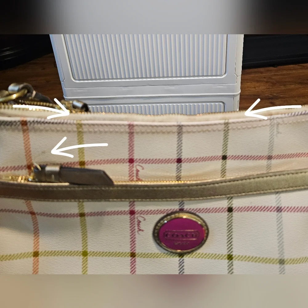 Coach White Plaid Crossbody Bag with Gold Trim